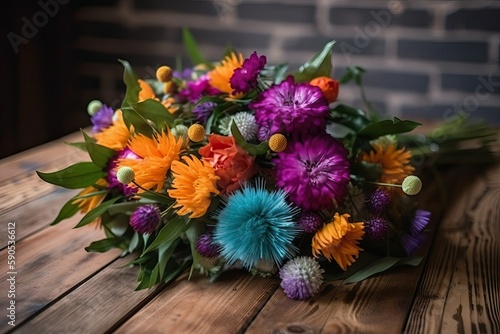 Wallpaper Mural Bouquet of colorful flower on a wooden table (Ai generated) Torontodigital.ca