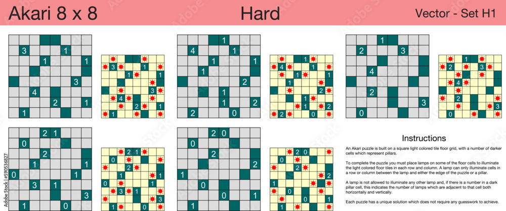 5 Hard Akari 8 x 8 Puzzles. A set of scalable puzzles for kids and adults, which are ready for web use or to be compiled into a standard or large print activity book. 5 Hard Akari 8 x 8 Puzzles. A set of scalable puzzles for kids and adults, which are ready for web use or to be compiled into a standard or large print activity book.