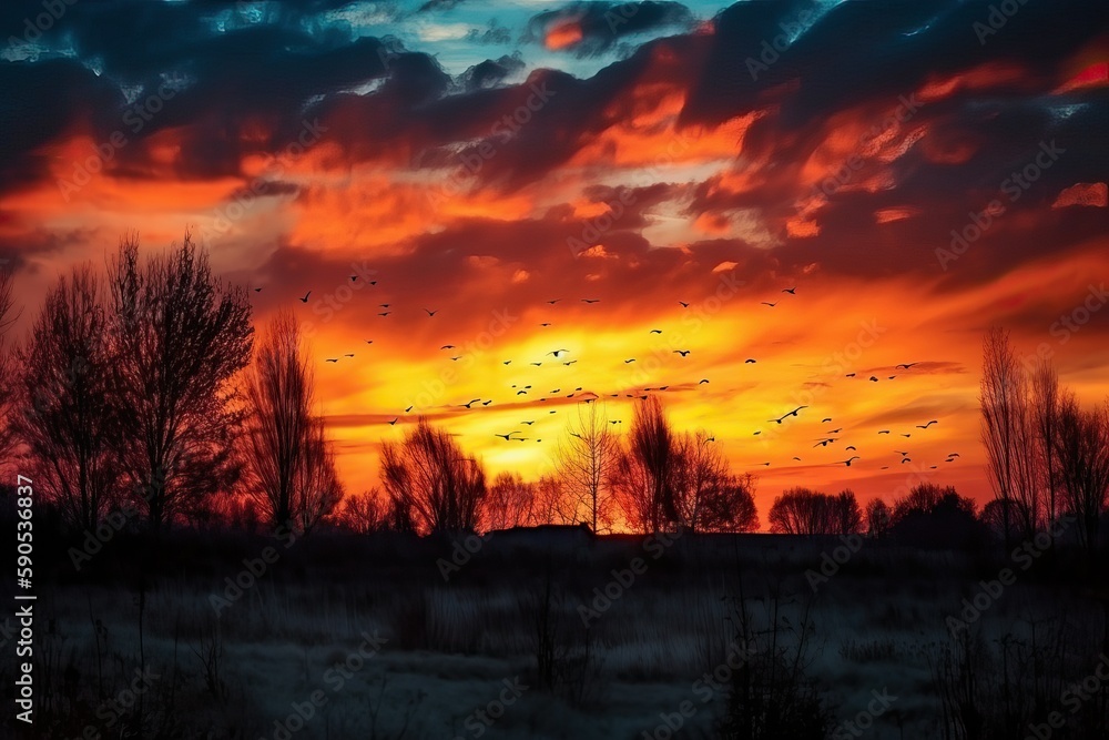 Fototapeta premium Colorful sunset with clouds and silhouettes (Ai generated)