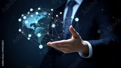 顧客に触れるビジネスマン グローバル構造ネットワークとデータ交換の接続、デジタルマーケティング、ソーシャルメディア、インターネットビジネスとソーシャルネットワークGenerativeAI