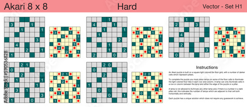 5 Hard Akari 8 x 8 Puzzles. A set of scalable puzzles for kids and adults, which are ready for web use or to be compiled into a standard or large print activity book.