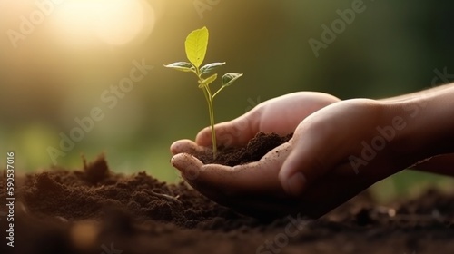 アースデイと環境、土の上で育つ花の木を育てる農夫の手と朝の蝶。エコロジーと緑の自然GenerativeAI