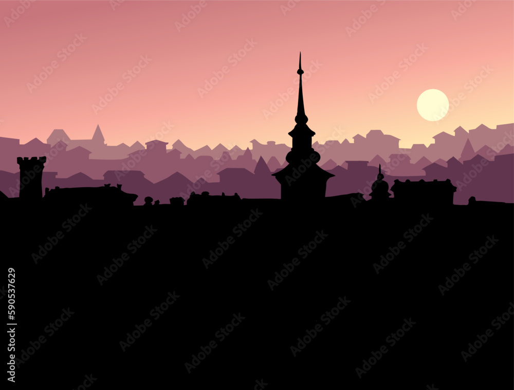 Vector drawing. Medieval cathedral in the center of the city square