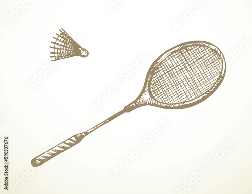 Vector drawing. Badminton racket and shuttlecock