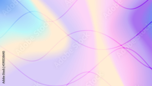Abstract hologram distorted wave gradient background with translucent wave lines in tender pastel colors. Pink, violet, blue, peach, yellow gradient colors