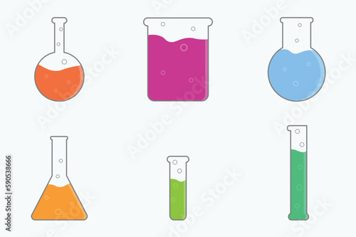 set of minimalist laboratory flasks with liquids chemistry biology science lab flat solid colored icons