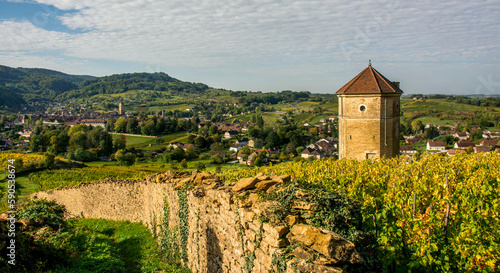  Vue sur le village d'Arbois et La Tour du Curon situés dans le vignoble d'Arbois . Département du Jura. Bourgogne Franche Comté. France