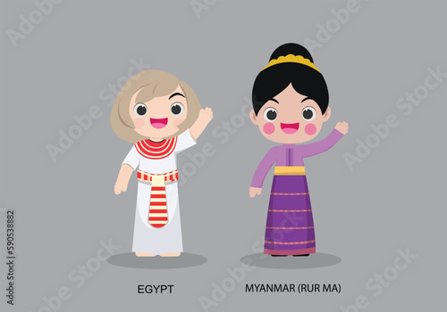 Egypt peopel in national dress. Set of Myanmar man dressed in national clothes. Vector flat illustration.