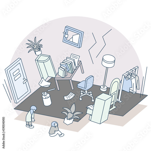 A room that is shaking. Furniture and objects destroyed.