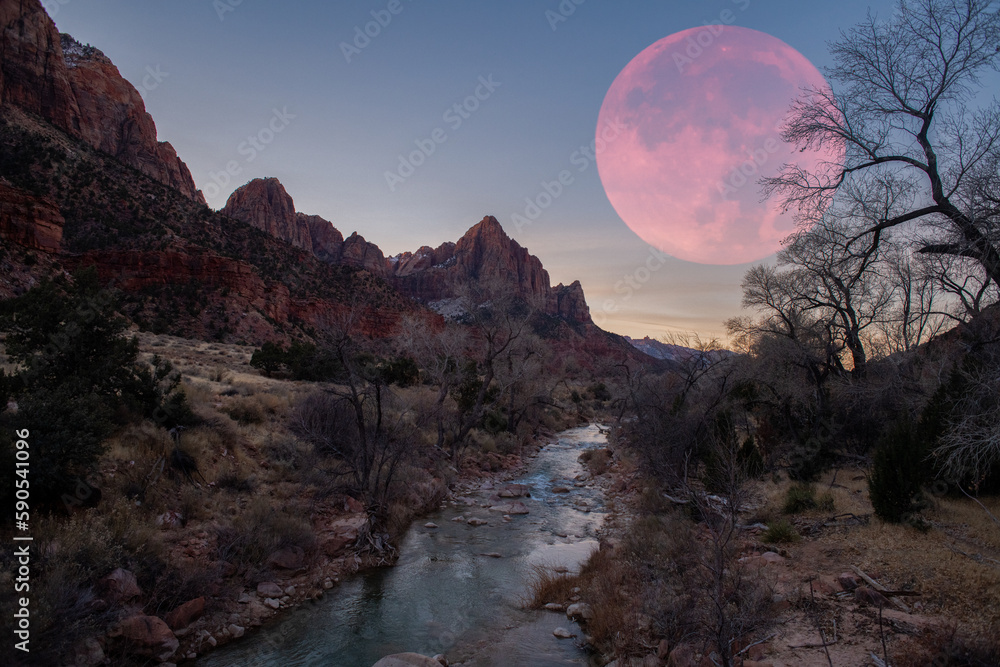 Giant moon during sunrise in Utah 