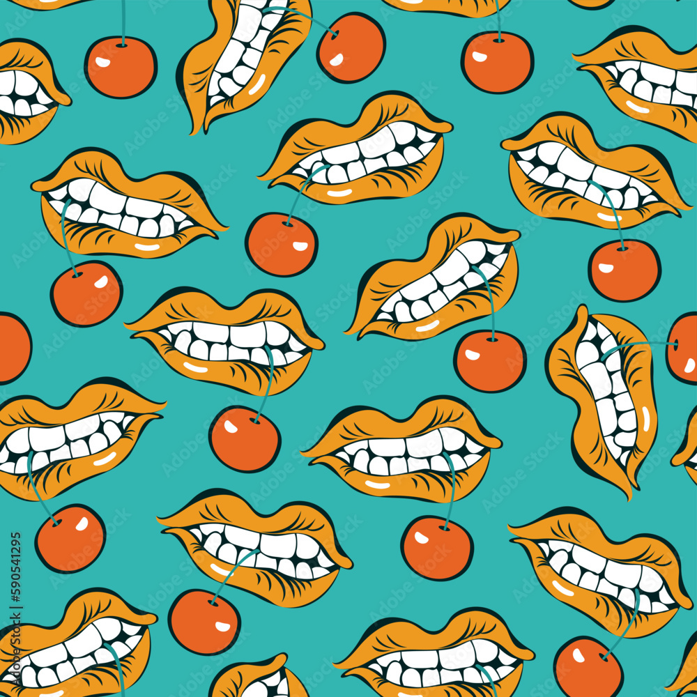 vector seamless pattern with female mouth and cherry in teeth. Out on the theme of passion and love. Suitable for packaging, paper, fabric