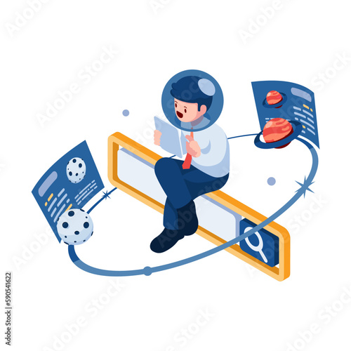 Isometric Businessman Use Search Engine with Astronomy Information