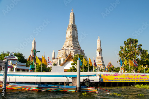 Riverview with Wat Arun temple from Chao Phraya in Bangkok, Thailand