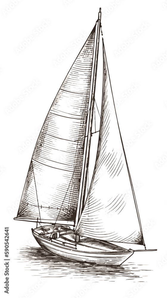 Vintage Sail Boat Drawing Hand Drawn Vector Editable
