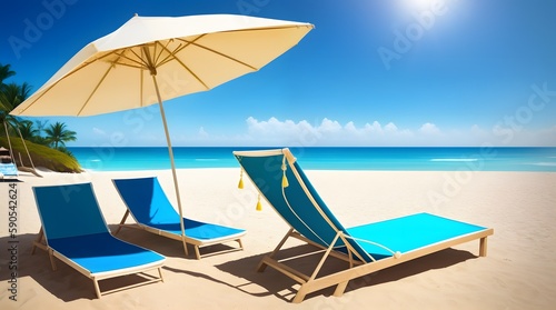 Umbrella and sun lounger on the beach against the background of the sea. Illustration for vacation and travel advertising. AI generative.