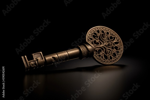 Skeleton key, antique key on black background. Generative AI. photo