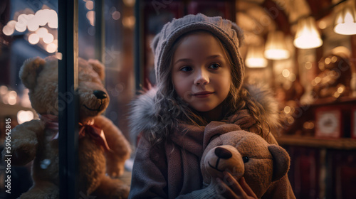 a little girl with a bear in her hands in warm clothes stands in front of a shop window with toys. festive illumination. Generative AI 
