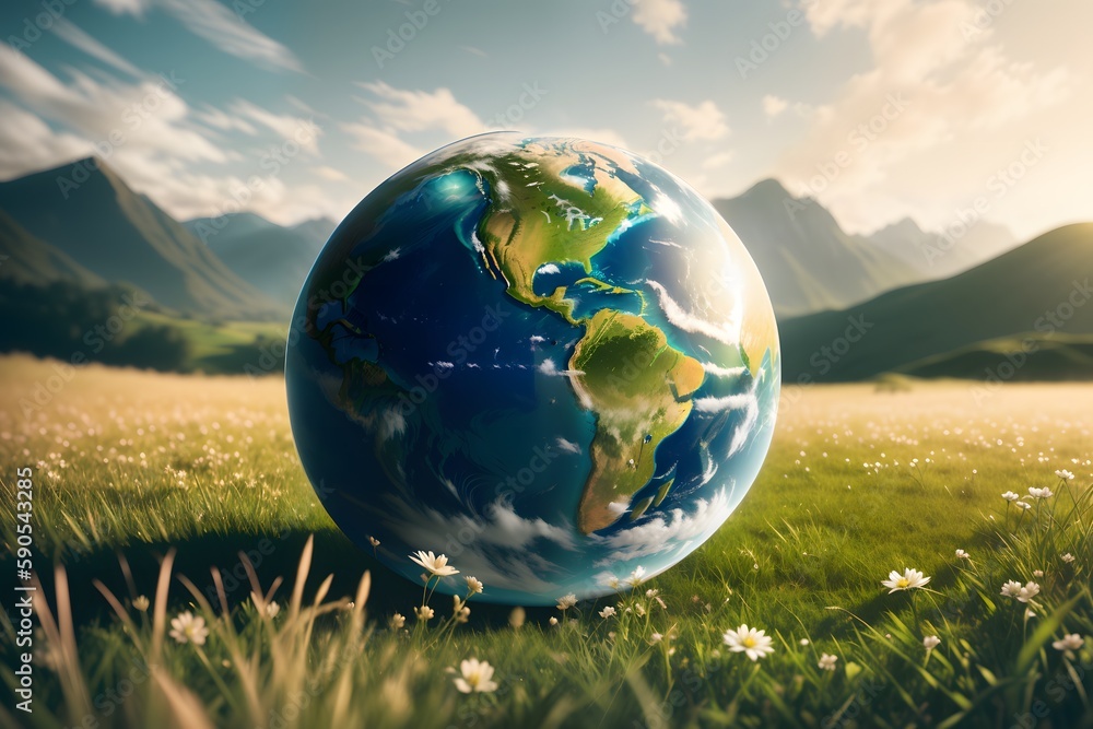 The globe lies on the green grass. Concept for Earth Day, Ecology, Environmental Protection. Ai generative. The globe lies on the green grass. Concept for Earth Day, Ecology, Environmental Protection. Ai generative.