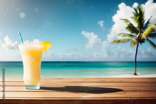Glass of pina colada non the table with the sea, beach and palm trees in the background. Ai generative.
