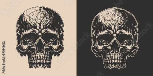 Set of vintage retro scary skull. Can be used like emblem, logo, badge, label. mark, poster or print. Monochrome engraving Graphic Art. Vector. Hand drawn element in engraving © Graphic Warrior