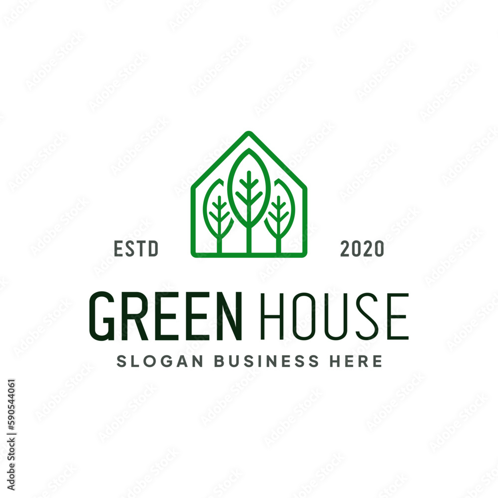 Minimalist home line logo with green tree. Minimalist home line logo with green tree.