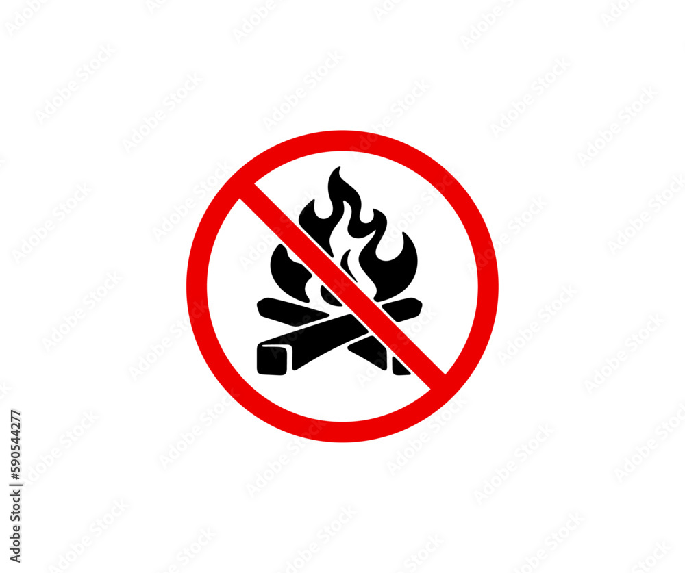 Prohibition sign and symbol, cannot be bred bonfire and can't make fire, graphic design. Prohibited symbol, prohibited mark and forbidden sign, flame, balefire and campfire, vector design Prohibition sign and symbol, cannot be bred bonfire and can't make fire, graphic design. Prohibited symbol, prohibited mark and forbidden sign, flame, balefire and campfire, vector design