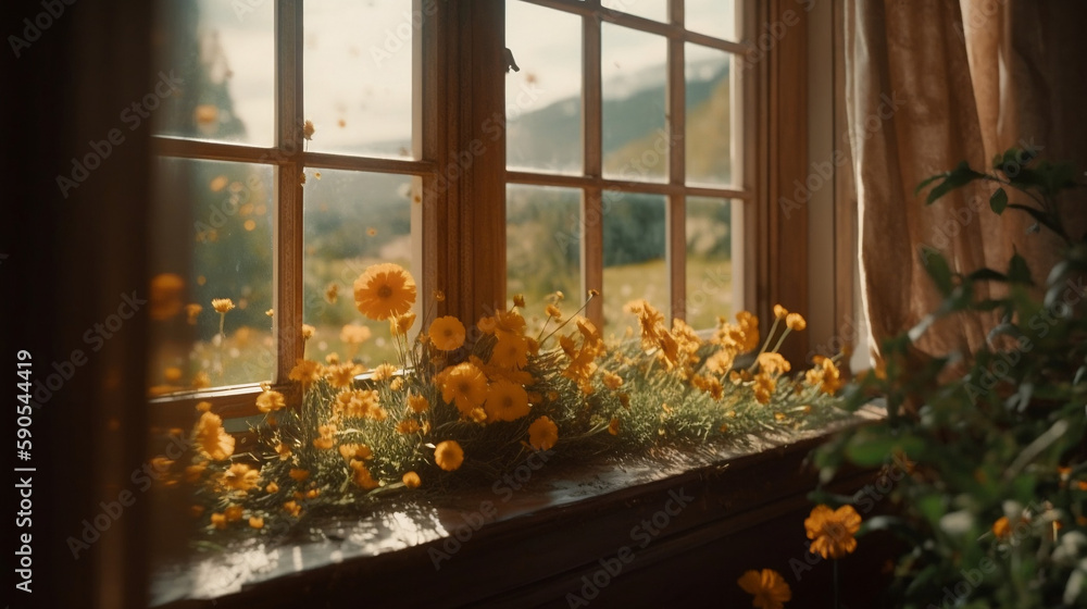 A Shimmering field of golden flowers, made with Generative Ai