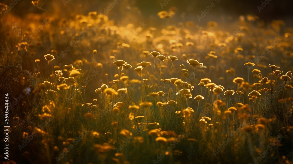 A Shimmering field of golden flowers, made with Generative Ai
