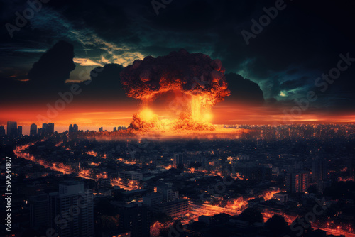 A nuclear fusion bomb explodes over the city in a powerful explosion, launching a nuclear cloud. Generative Ai