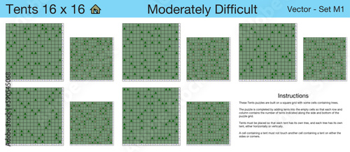 5 Moderately Difficult Tents 16 x 16 Puzzles. A set of scalable tents puzzles suitable for kids and adults and ready for web use, or to be compiled into a standard or large print activity book.