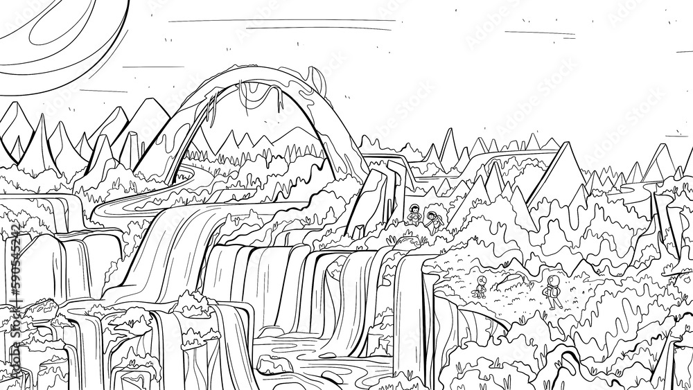 Fototapeta premium Illustration alien fantastic landscape in line style.