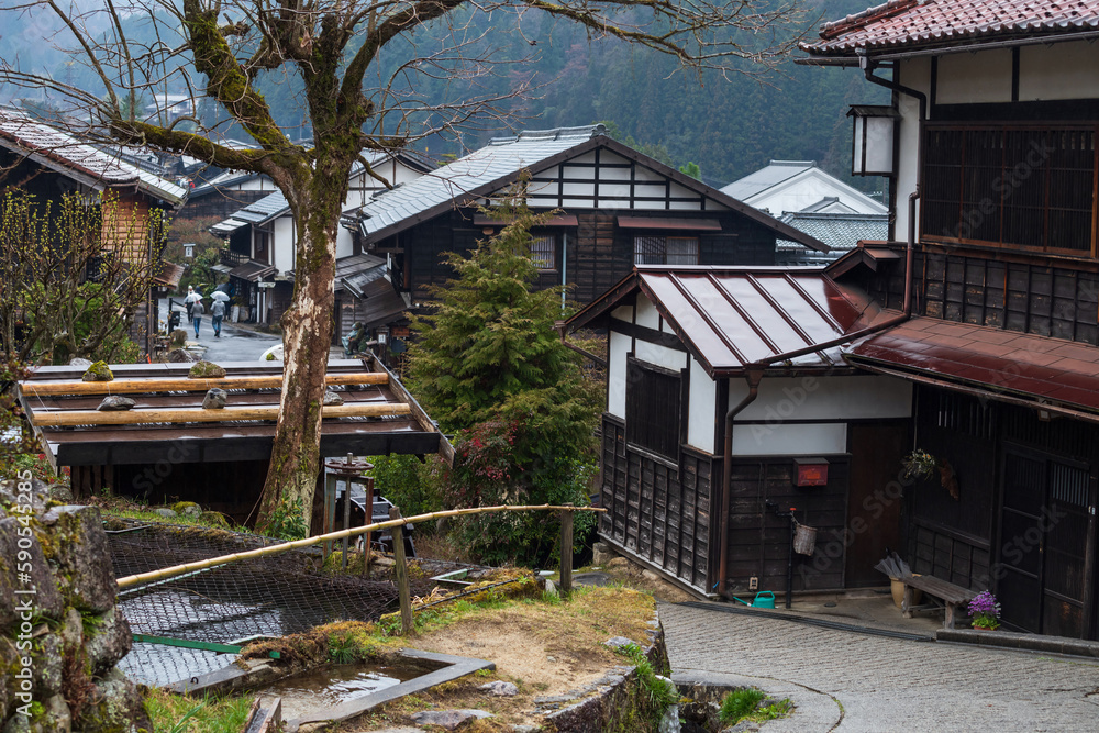 Preserved old wooden buildings in town of Tsumago juku, Kiso valley