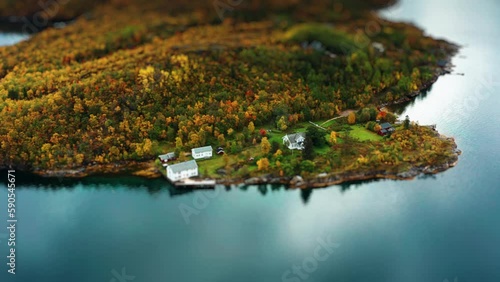 Forest-covered coast of the Sandhornoya island Tidy houses stand on the shore photo