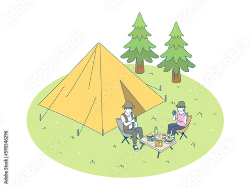 キャンプをするカップルのイラスト　アイソメトリック