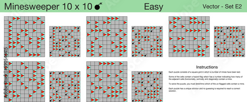 Fototapeta Naklejka Na Ścianę i Meble -  5 Easy Minesweeper 10 x 10 Puzzles. A set of scalable puzzles for kids and adults and ready for web use, or to be compiled into a standard or large print activity book.
