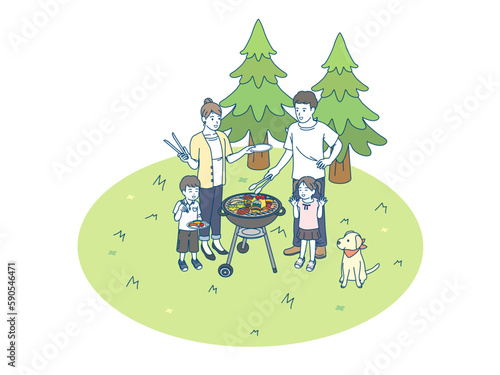 バーベキューをする家族のイラスト　アウトドア