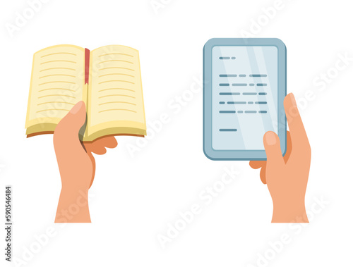 Hand holding book and tablet ebook. literature education symbol set cartoon illustration vector