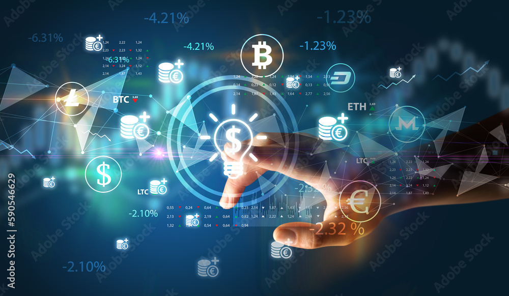 Obraz premium Business person hand pushing currency symbol on multimedia touch screen