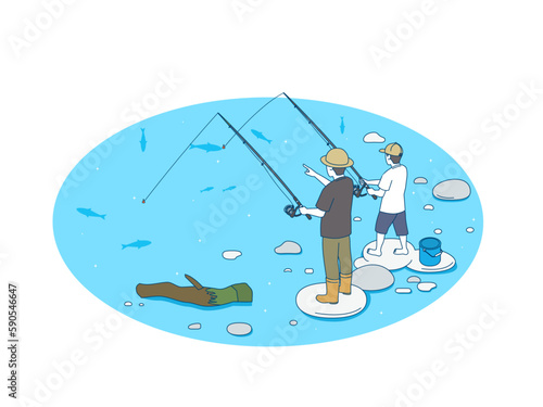 川で釣りをする親子のイラスト　アイソメトリック