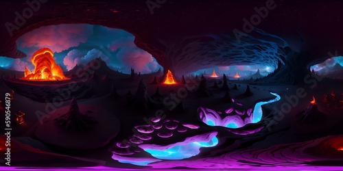 Volcanic Island: a landscape with a volcanic island, complete with smoking craters, lava flows, and bubbling hot springs.