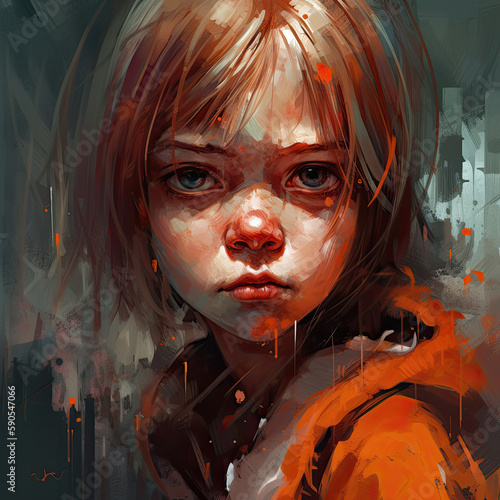 Painting of a child wearing a red hoodie, created by generative AI