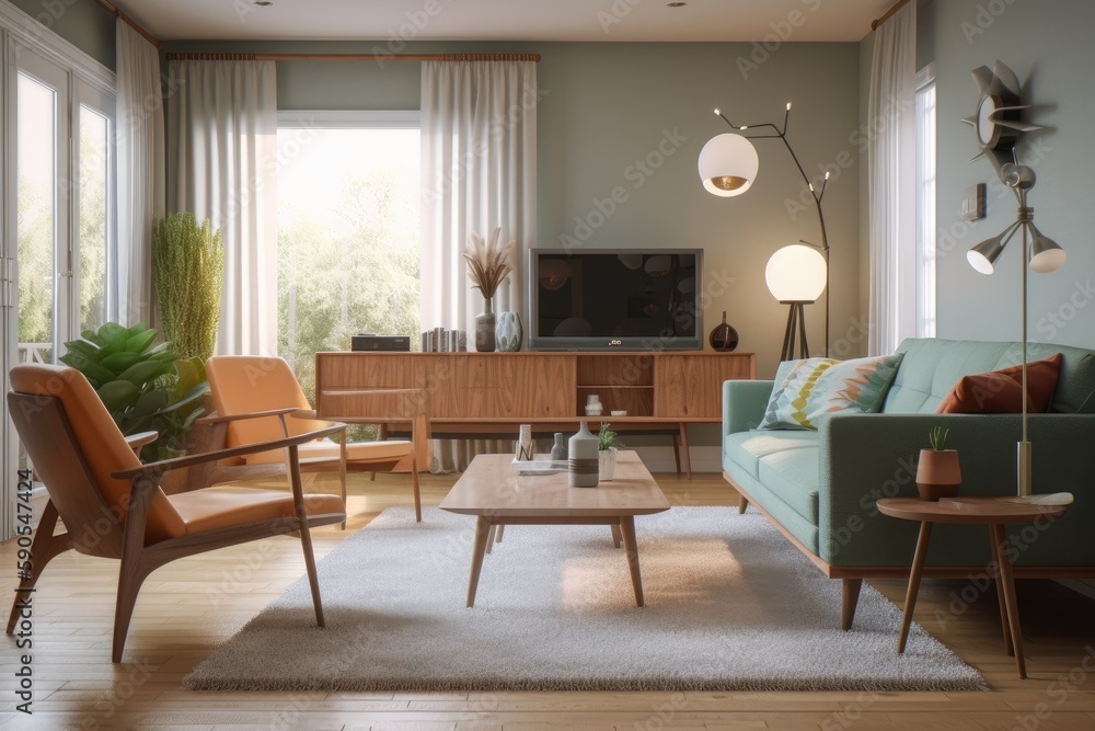 Warm Modern Living Room Interior With Teal Sofa And Orange Accent Chair With Wood Accents And Hardwood Floors Made With Generative AI