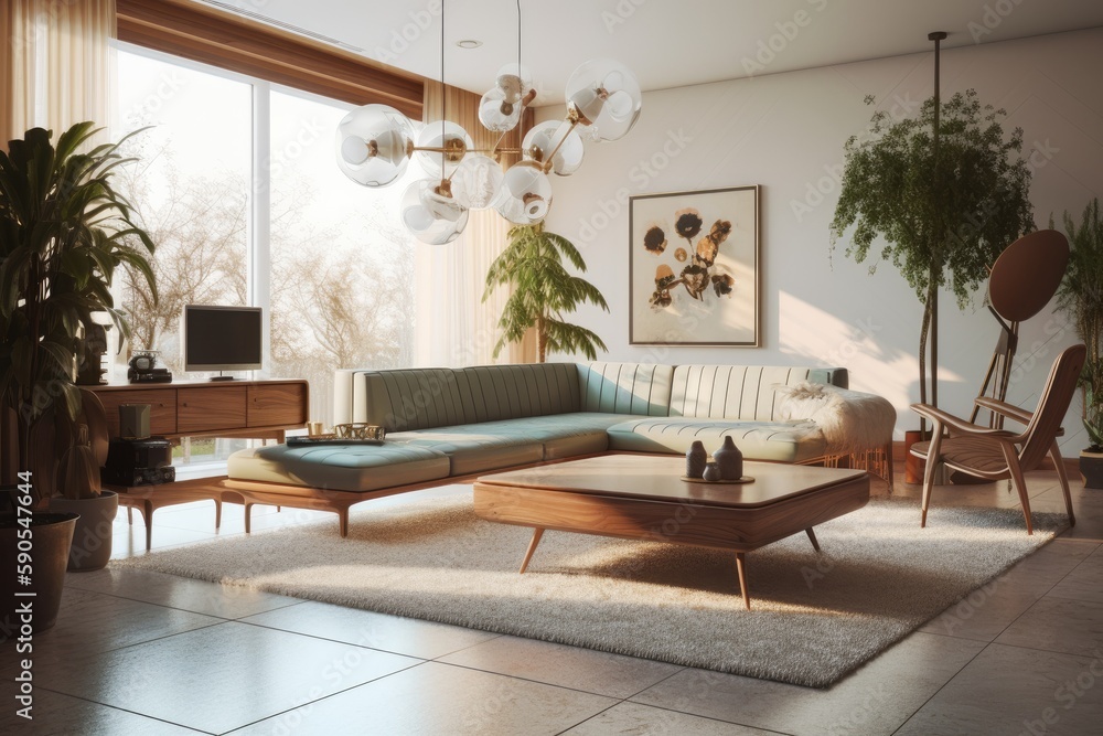 Luxury Mid Century Modern Living Room Interior with Wooden Sustainable