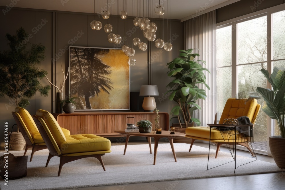 Fototapeta premium Natural Light in Spring Styled Mid Century Modern Interior with Yellow Accent Chairs and Beautiful Light Fixture Made with Generative AI