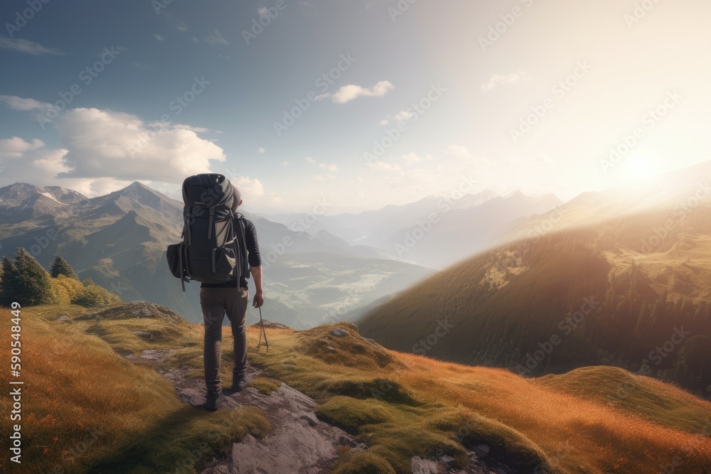 Male Hiker with Camping Backpack Hiking Through Mountain Top Walking Trail Made with Generative AI