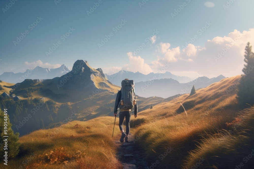 Male Hiking Through Meadow Pastuer on Mountain with Beautiful Views Made with Generative AI