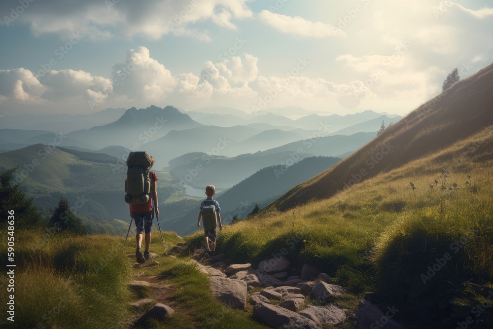 Father and Son Hiking Through Grass Mountaintop with Blue Ridge Mountains Made with Generative AI