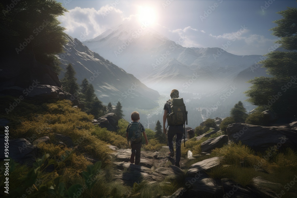 Father and Son Hiking Through the Deep Wilderness in Spring Made with Generative AI Father and Son Hiking Through the Deep Wilderness in Spring Made with Generative AI