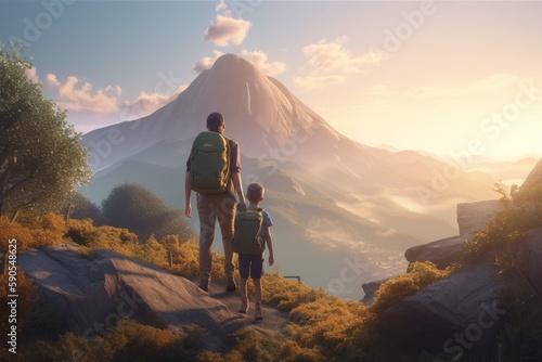 Father and Son Hiking in Nature with a Sunset View of a Mountain Made with Generative AI