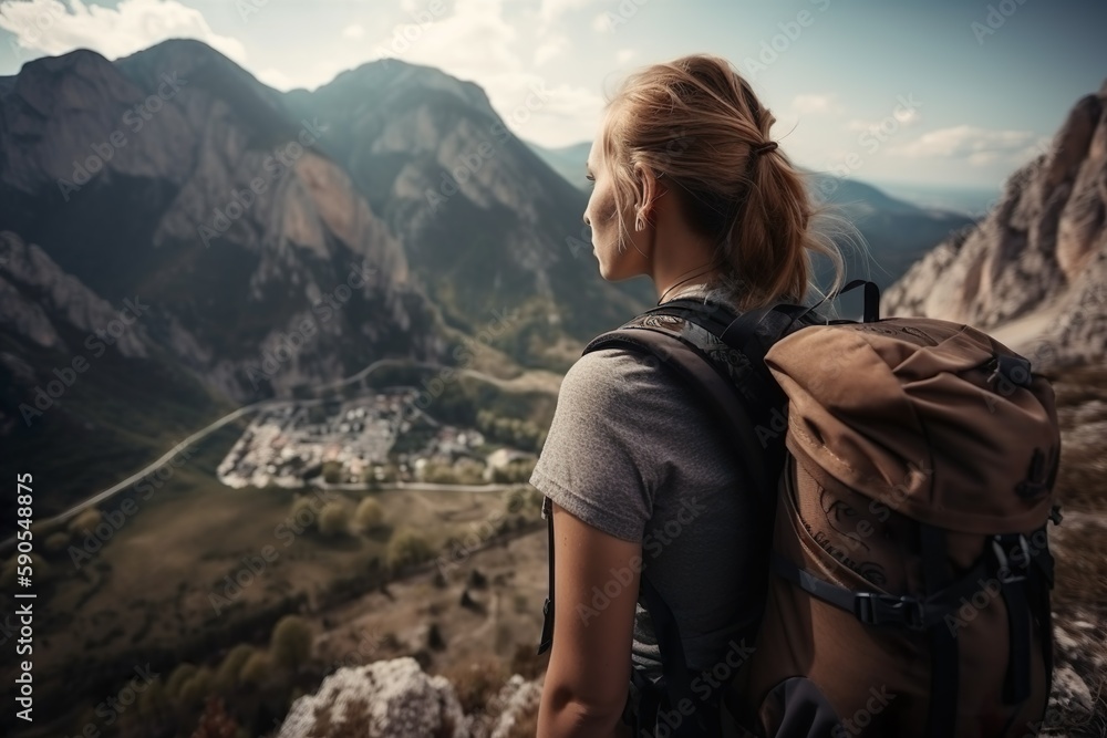 Girl Climbs Mountain, Backpack Ready.
Generative AI